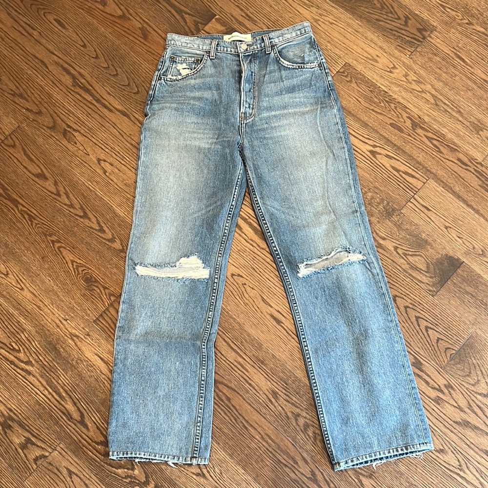 Reformation wide leg jeans with cut knees